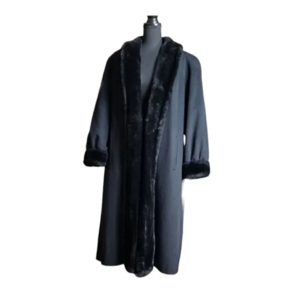 Alona Ladies Super Fina Black Wool with Fur trim Full Length Coat - Picture 2 of 7